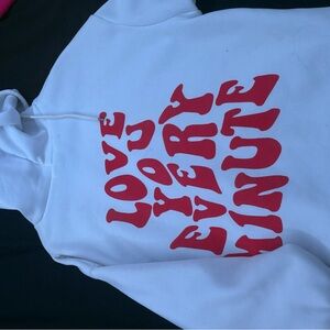 White Hoodie with Red Graphic Text